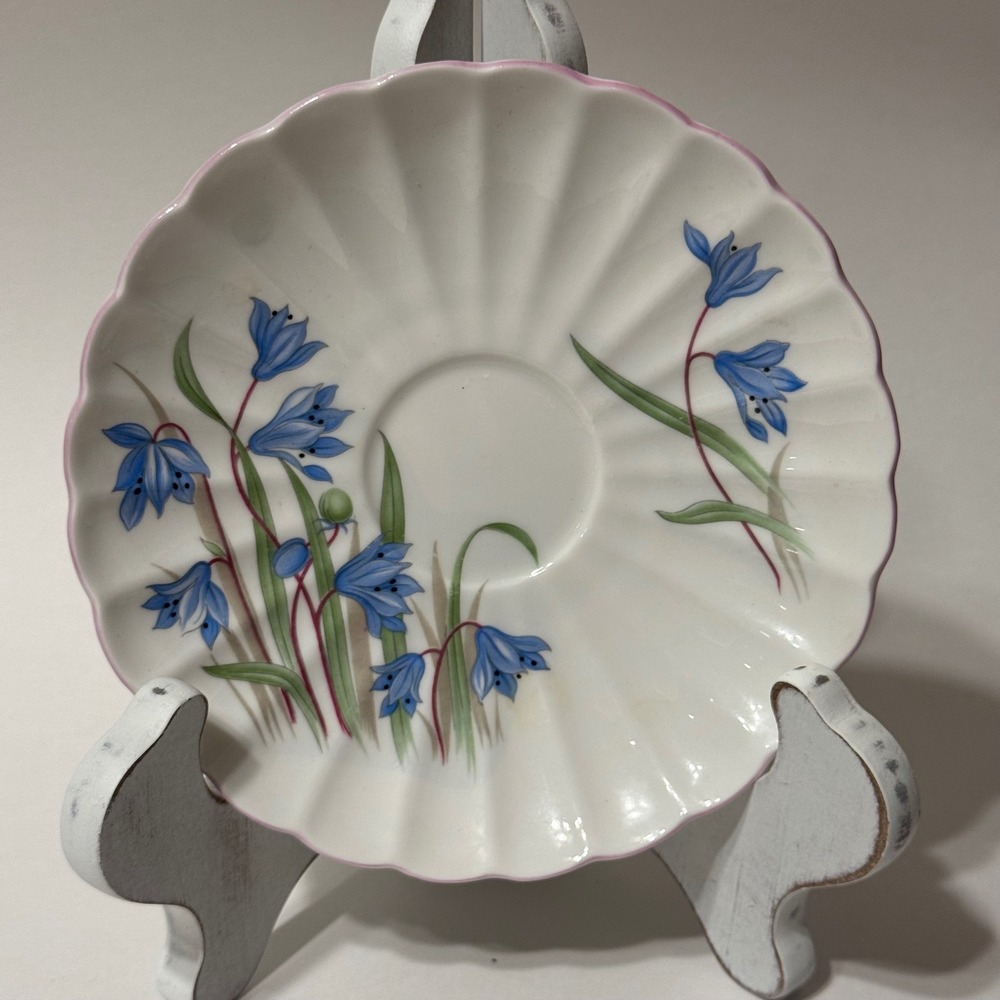 Shelley England Fine Bone China Scilla Blue Floral Saucer Pink Trim Dainty Shape